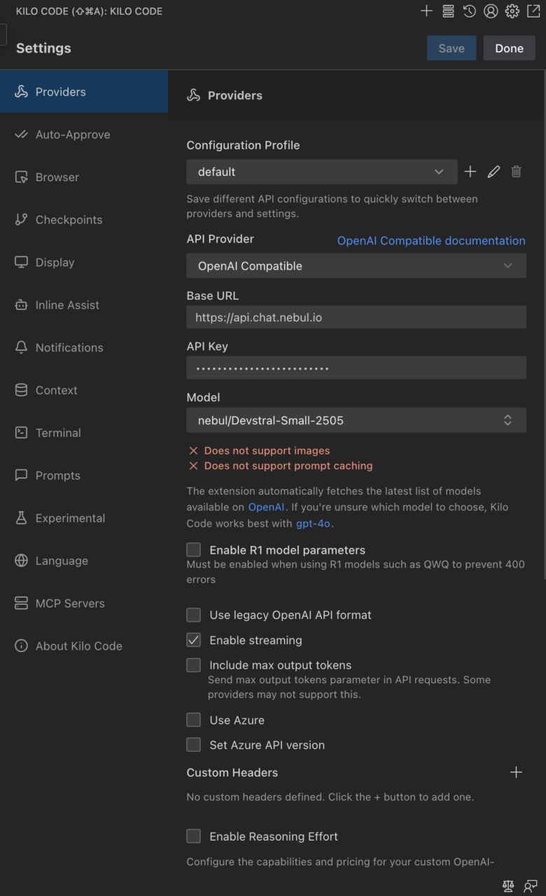 Opening the settings panel